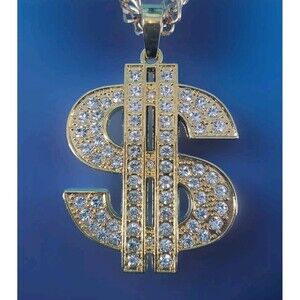 Dollar Necklace Punk Hip Hop Rock Rapper  Gold Tone Jewelry Rhinestone Statement